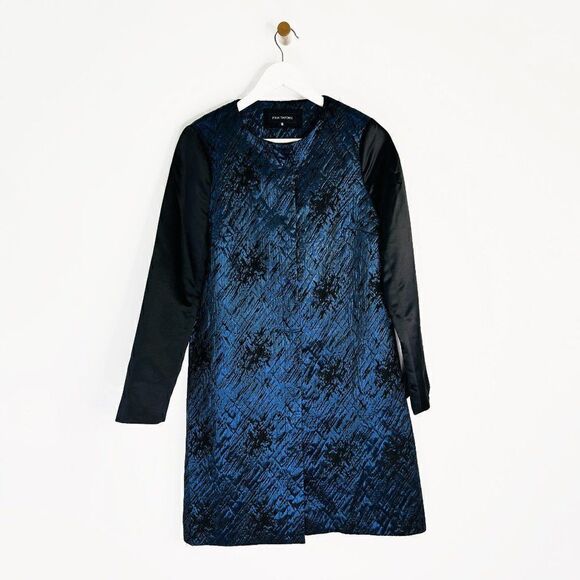 Pink Tartan Metallic Blue Collarless Jacquard Swing Coat - Picture 1 of 8
